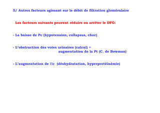 5/ Autres facteurs agissant sur le débit de filtration glomérulaire


 Les facteurs suivants peuvent réduire ou arrêter le DFG:


- La baisse de Pc (hypotension, collapsus, choc)


- L’obstruction des voies urinaires (calcul) =
                          augmentation de la Pt (C. de Bowman)


- L’augmentation de Πc (déshydratation, hyperprotéinémie)
 