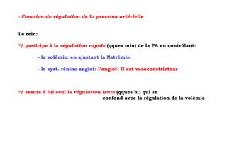 - Fonction de régulation de la pression artérielle


Le rein:

*/ participe à la régulation rapide (qques min) de la PA en contrôlant:

           - la volémie: en ajustant la Natrémie.

           - le syst. rénine-angiot: l’angiot. II est vasoconstricteur



*/ assure à lui seul la régulation lente (qques h.) qui se
                                   confond avec la régulation de la volémie
 
