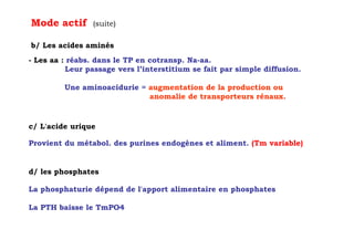 Mode actif       (suite)

b/ Les acides aminés
- Les aa : réabs. dans le TP en cotransp. Na-aa.
          Leur passage vers l’interstitium se fait par simple diffusion.

         Une aminoacidurie = augmentation de la production ou
                             anomalie de transporteurs rénaux.


c/ L'acide urique

Provient du métabol. des purines endogènes et aliment. (Tm variable)


d/ les phosphates

La phosphaturie dépend de l'apport alimentaire en phosphates

La PTH baisse le TmPO4
 