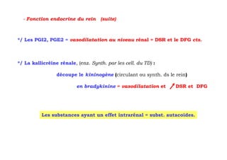 - Fonction endocrine du rein      (suite)



*/ Les PGI2, PGE2 = vasodilatation au niveau rénal = DSR et le DFG cts.



*/ La kallicréine rénale, (enz. Synth. par les cell. du TD) :

                 découpe le kininogène (circulant ou synth. ds le rein)

                          en bradykinine = vasodilatation et      DSR et DFG




          Les substances ayant un effet intrarénal = subst. autacoïdes.
 