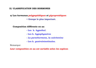 II/ CLASSIFICATION DES HORMONES


a/ Les hormones polypeptidiques et glycoprotéiques
               = Groupe le plus important.


  Composition différente en aa:
               - Les h. hypothal.
               - Les h. hypophysaires
               - La parathormone, la calcitonine
               - Les h. gastrointestinales.
Remarque:
Leur composition en aa est variable selon les espèces.
 