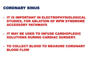 CORONARY SINUS

- IT IS IMPORTANT IN ELECTROPHYSIOLOGICAL
  STUDIES, FOR ABLATION OF WPW SYNDROME
  ACCESSORY PATHWAYS

- IT MAY BE USED TO INFUSE CARDIOPLEGIC
  SOLUTIONS DURING CARDIAC SURGERY.

- TO COLLECT BLOOD TO MEASURE CORONARY
  BLOOD FLOW
 