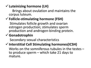 Luteinizing hormone (LH)
Brings about ovulation and maintains the
corpus luteum.
Follicle-stimulating hormone (FSH)
Stimulates follicle growth and ovarian
estrogen production; stimulates sperm
production and androgen-binding protein.
Gonadotrophin
Secondary sexual characteristics
Interstitial Cell Stimulating hormones(ICSH)
Works on the somniferous tubules in the testes –
to produce sperm – which take 21 days to
mature.
 