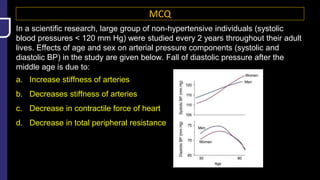 MCQ
In a scientific research, large group of non-hypertensive individuals (systolic
blood pressures < 120 mm Hg) were studied every 2 years throughout their adult
lives. Effects of age and sex on arterial pressure components (systolic and
diastolic BP) in the study are given below. Fall of diastolic pressure after the
middle age is due to:
a. Increase stiffness of arteries
b. Decreases stiffness of arteries
c. Decrease in contractile force of heart
d. Decrease in total peripheral resistance
 
