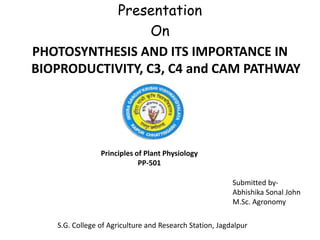 Presentation
On
PHOTOSYNTHESIS AND ITS IMPORTANCE IN
BIOPRODUCTIVITY, C3, C4 and CAM PATHWAY
Principles of Plant Physiology
PP-501
Submitted by-
Abhishika Sonal John
M.Sc. Agronomy
S.G. College of Agriculture and Research Station, Jagdalpur
 
