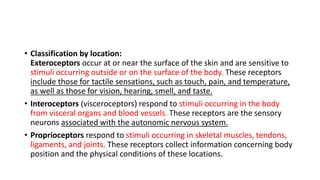 • Classification by location:
Exteroceptors occur at or near the surface of the skin and are sensitive to
stimuli occurring outside or on the surface of the body. These receptors
include those for tactile sensations, such as touch, pain, and temperature,
as well as those for vision, hearing, smell, and taste.
• Interoceptors (visceroceptors) respond to stimuli occurring in the body
from visceral organs and blood vessels. These receptors are the sensory
neurons associated with the autonomic nervous system.
• Proprioceptors respond to stimuli occurring in skeletal muscles, tendons,
ligaments, and joints. These receptors collect information concerning body
position and the physical conditions of these locations.
 