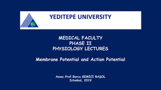 Assoc.Prof.Burcu GEMİCİ BAŞOL
Istanbul, 2019
MEDICAL FACULTY
PHASE II
PHYSIOLOGY LECTURES
Membrane Potential and Action Potential
YEDITEPE UNIVERSITY
 