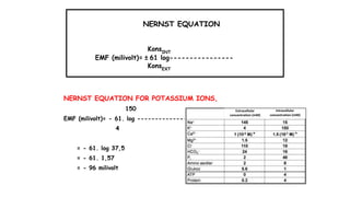 NERNST EQUATION FOR POTASSIUM IONS,
150
EMF (milivolt)= - 61. log --------------
4
 
= - 61. log 37,5
= - 61. 1,57
= - 96 milivolt
NERNST EQUATION
KonsINT
EMF (milivolt)= ± 61 log----------------
KonsEXT
Extracellular
concentration (mM)
Intracellular
concentration (mM)
 