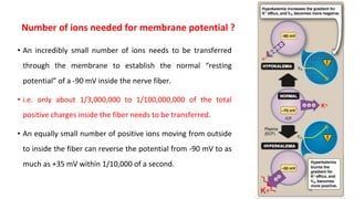 Number of ions needed for membrane potential ?
• An incredibly small number of ions needs to be transferred
through the membrane to establish the normal “resting
potential” of a -90 mV inside the nerve fiber.
• i.e. only about 1/3,000,000 to 1/100,000,000 of the total
positive charges inside the fiber needs to be transferred.
• An equally small number of positive ions moving from outside
to inside the fiber can reverse the potential from -90 mV to as
much as +35 mV within 1/10,000 of a second.
 