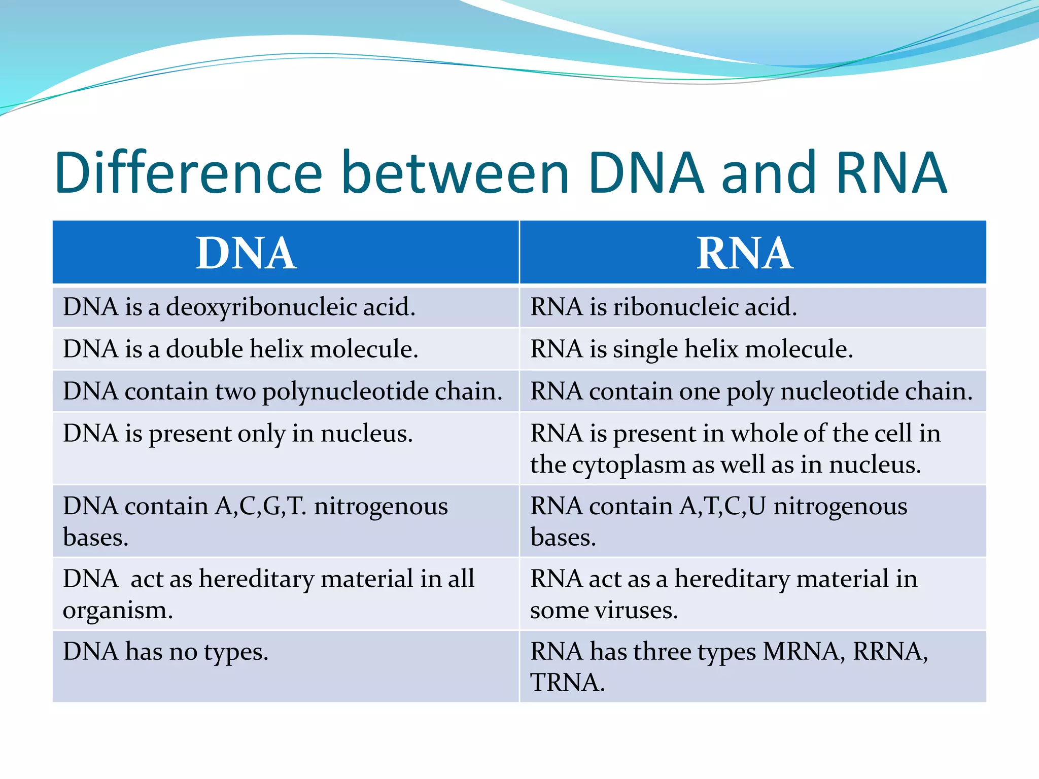 Difference between DNA and RNA
DNA RNA
DNA is a deoxyribonucleic acid. RNA is ribonucleic acid.
DNA is a double helix molecule. RNA is single helix molecule.
DNA contain two polynucleotide chain. RNA contain one poly nucleotide chain.
DNA is present only in nucleus. RNA is present in whole of the cell in
the cytoplasm as well as in nucleus.
DNA contain A,C,G,T. nitrogenous
bases.
RNA contain A,T,C,U nitrogenous
bases.
DNA act as hereditary material in all
organism.
RNA act as a hereditary material in
some viruses.
DNA has no types. RNA has three types MRNA, RRNA,
TRNA.
 