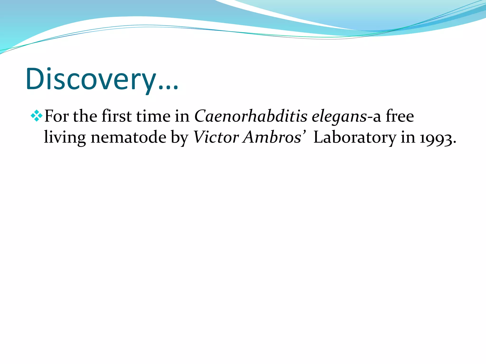 Discovery…
For the first time in Caenorhabditis elegans-a free
living nematode by Victor Ambros’ Laboratory in 1993.
 