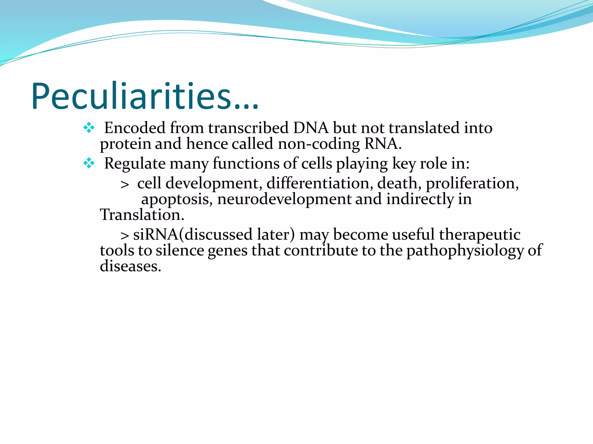 Peculiarities…
 Encoded from transcribed DNA but not translated into
protein and hence called non-coding RNA.
 Regulate many functions of cells playing key role in:
> cell development, differentiation, death, proliferation,
apoptosis, neurodevelopment and indirectly in
Translation.
> siRNA(discussed later) may become useful therapeutic
tools to silence genes that contribute to the pathophysiology of
diseases.
 
