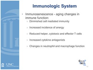 Immunologic System
• Immunosenescence - aging changes in
immune function:
» Diminished cell mediated immunity
» Increased incidence of anergy
» Reduced helper, cytotoxic and effector T cells
» Increased cytokine antagonists
» Changes in neutrophil and macrophage function
17
 