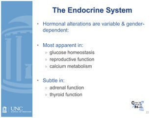 22
The Endocrine System
• Hormonal alterations are variable & gender-
dependent:
• Most apparent in:
» glucose homeostasis
» reproductive function
» calcium metabolism
• Subtle in:
» adrenal function
» thyroid function
 