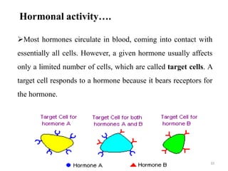 10
Hormonal activity….
Most hormones circulate in blood, coming into contact with
essentially all cells. However, a given hormone usually affects
only a limited number of cells, which are called target cells. A
target cell responds to a hormone because it bears receptors for
the hormone.
 