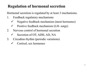 20
Regulation of hormonal secretion
Hormonal secretion is regulated by at least 3 mechanisms.
1. Feedback regulatory mechanisms
 Negative feedback mechanism (most hormones)
 Positive feedback mechanism (LH- surge)
2. Nervous control of hormonal secretion
 Secretion of OT, ADH, AD, NA
3. Circadian rhythm (periodic variations)
 Cortisol, sex hormones
 