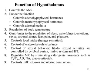27
Function of Hypothalamus
1. Controls the ANS
2. Endocrine function
– Controls adenohypophyseal hormones
– Controls neurohypophyseal hormones
– Controls adrenal medulla
3. Regulation of body temperature
4. Contributes to the regulation of sleep, wakefulness, emotions,
sexual arousal, anger, fear, pain, and pleasure.
5. Controls food intake (hunger sensation):
6. Control of water-electrolyte balance
7. Control of sexual behavior: libido, sexual activities are
controlled by cerebral cortex, limbic system and HT.
8. Regulates MR by stimulating calorigenic hormones such as
T3/T4, AD, NA, glucocorticoids.
9. Controls milk letdown and uterine contraction.
 