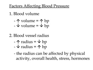 Factors Affecting Blood Pressure 1. Blood volume -    volume =    bp -    volume =    bp 2. Blood vessel radius -    radius =    bp -    radius =    bp - the radius can be affected by physical activity, overall health, stress, hormones 