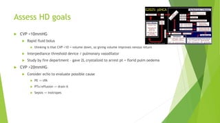 Assess HD goals
 CVP <10mmHG
 Rapid fluid bolus
 thinking is that CVP <10 = volume down, so giving volume improves venous return
 Interpediance threshold device / pulmonary vasodilator
 Study by fire department – gave 2L crystalloid to arrest pt = florid pulm oedema
 CVP >20mmHG
 Consider echo to evaluate possible cause
 PE -> tPA
 PTx/effusion -> drain it
 Sepsis -> inotropes
 