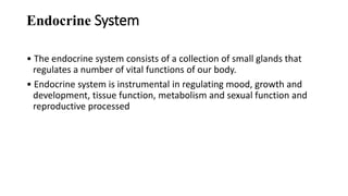 Endocrine System
• The endocrine system consists of a collection of small glands that
regulates a number of vital functions of our body.
• Endocrine system is instrumental in regulating mood, growth and
development, tissue function, metabolism and sexual function and
reproductive processed
 