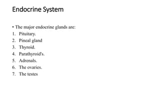 Endocrine System
• The major endocrine glands are:
1. Pituitary.
2. Pineal gland
3. Thyroid.
4. Parathyroid's.
5. Adrenals.
6. The ovaries.
7. The testes
 