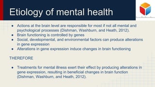 Etiology of mental health
● Actions at the brain level are responsible for most if not all mental and
psychological processes (Dishman, Washburn, and Heath, 2012).
● Brain functioning is controlled by genes
● Social, developmental, and environmental factors can produce alterations
in gene expression
● Alterations in gene expression induce changes in brain functioning
THEREFORE
● Treatments for mental illness exert their effect by producing alterations in
gene expression, resulting in beneficial changes in brain function
(Dishman, Washburn, and Heath, 2012).
 
