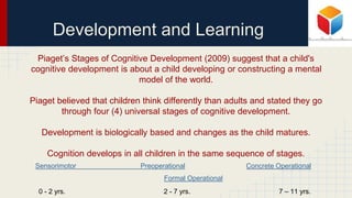 Development and Learning
Piaget’s Stages of Cognitive Development (2009) suggest that a child's
cognitive development is about a child developing or constructing a mental
model of the world.
Piaget believed that children think differently than adults and stated they go
through four (4) universal stages of cognitive development.
Development is biologically based and changes as the child matures.
Cognition develops in all children in the same sequence of stages.
Sensorimotor Preoperational Concrete Operational
Formal Operational
0 - 2 yrs. 2 - 7 yrs. 7 – 11 yrs.
 