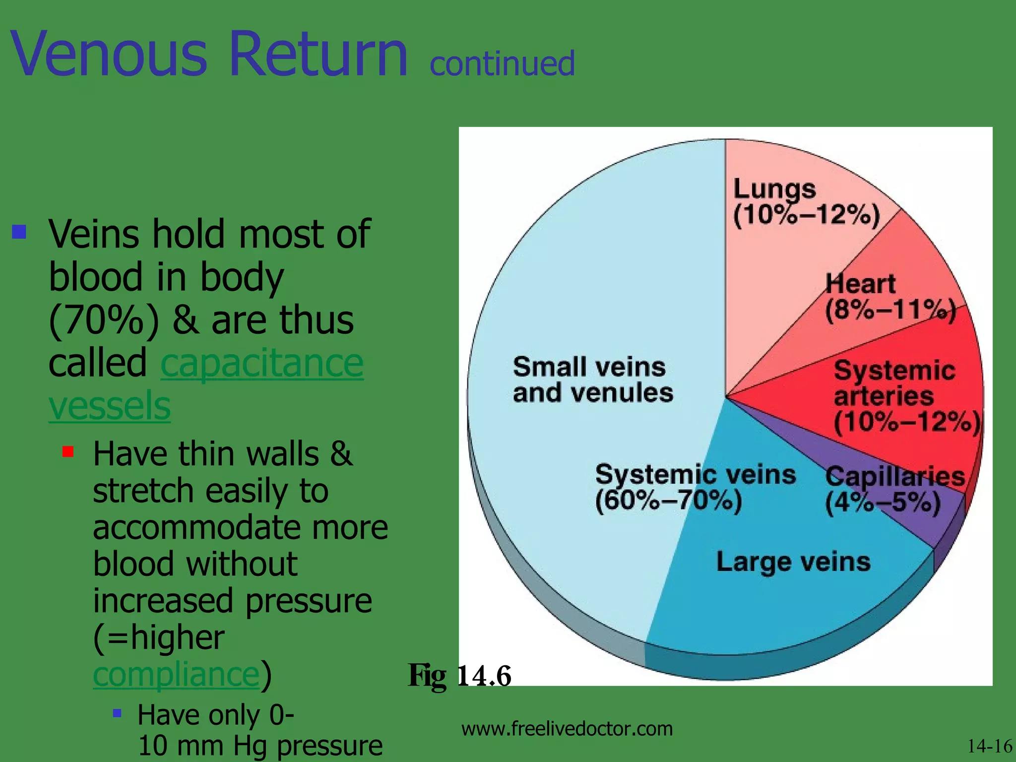 Venous Return  continued Veins hold most of blood in body (70%) & are thus called  capacitance vessels   Have thin walls & stretch easily to accommodate more blood without increased pressure (=higher  compliance ) Have only 0- 10 mm Hg pressure Fig 14.6 14-16 www.freelivedoctor.com 