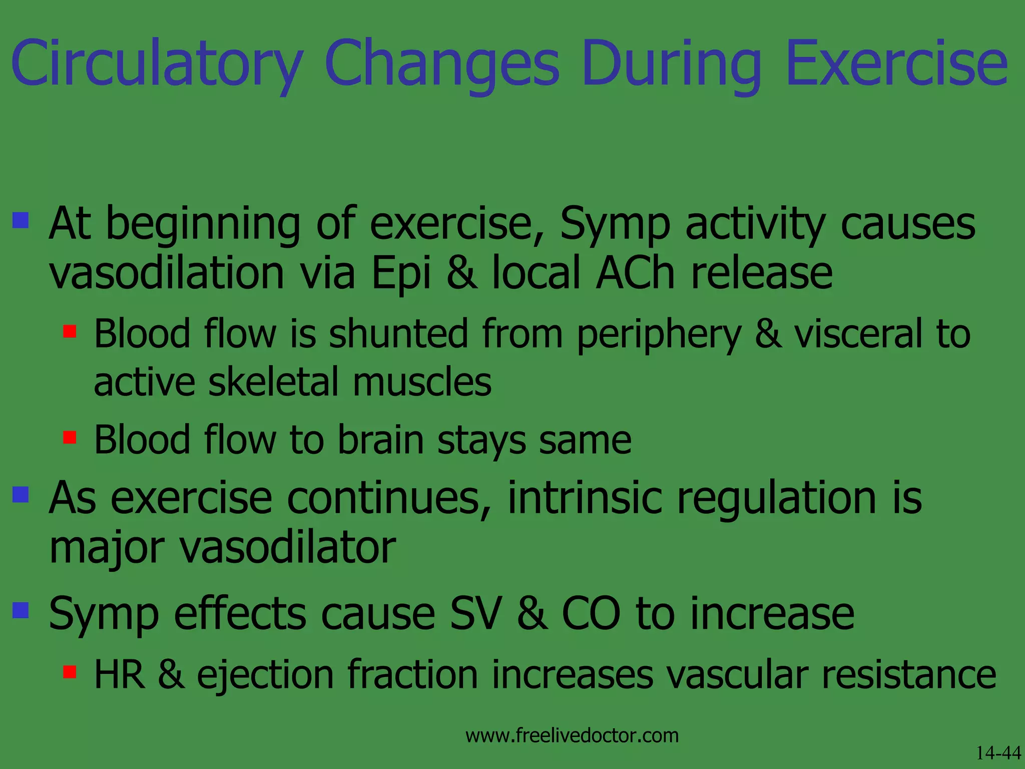 Circulatory Changes During Exercise At beginning of exercise, Symp activity causes vasodilation via Epi & local ACh release Blood flow is shunted from periphery & visceral to active skeletal muscles Blood flow to brain stays same As exercise continues, intrinsic regulation is major vasodilator Symp effects cause SV & CO to increase HR & ejection fraction increases vascular resistance 14-44 www.freelivedoctor.com 