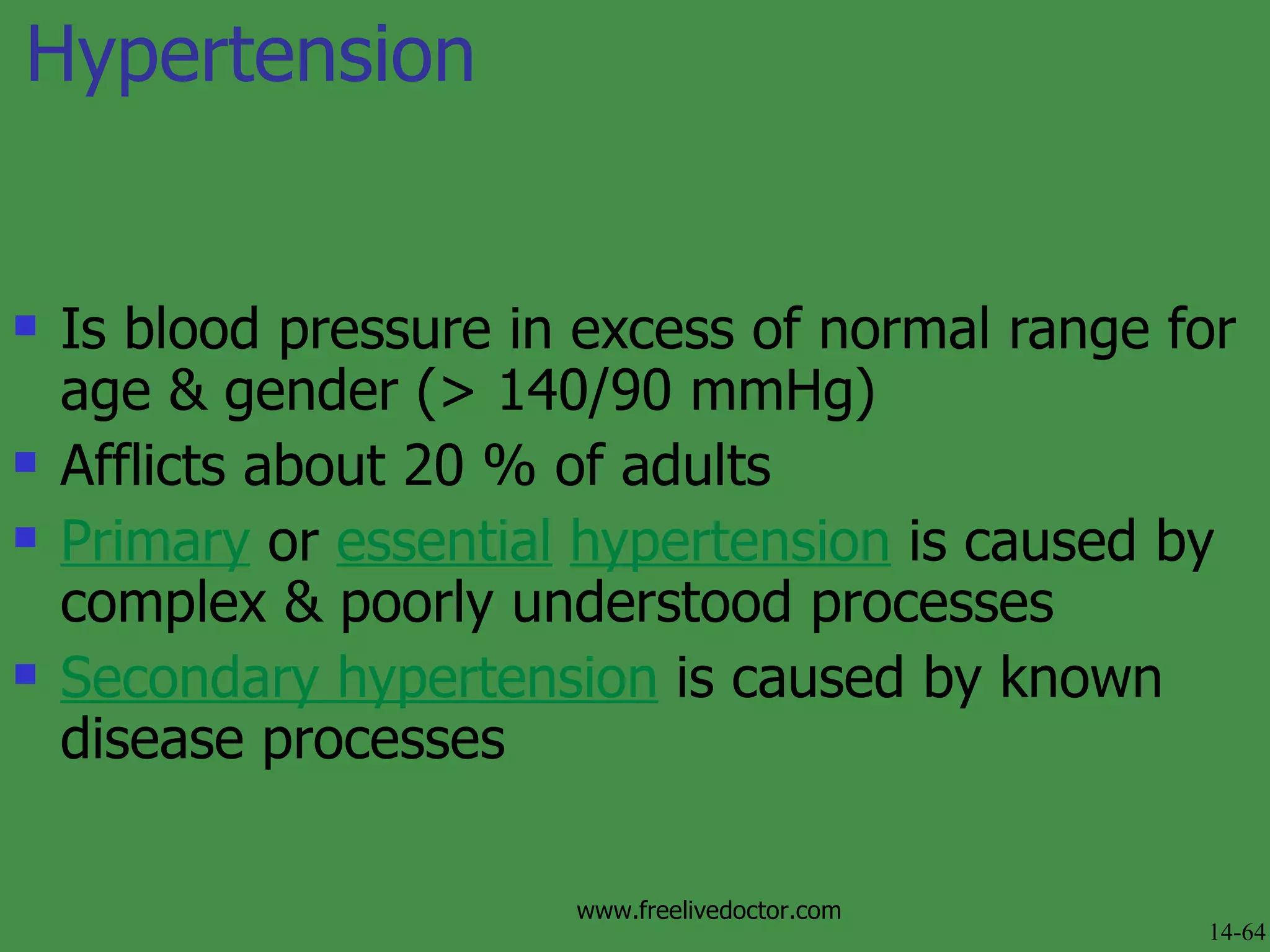 Hypertension  Is blood pressure in excess of normal range for age & gender (> 140/90 mmHg) Afflicts about 20 % of adults Primary  or  essential   hypertension  is caused by complex & poorly understood processes Secondary hypertension  is caused by known disease processes 14-64 www.freelivedoctor.com 
