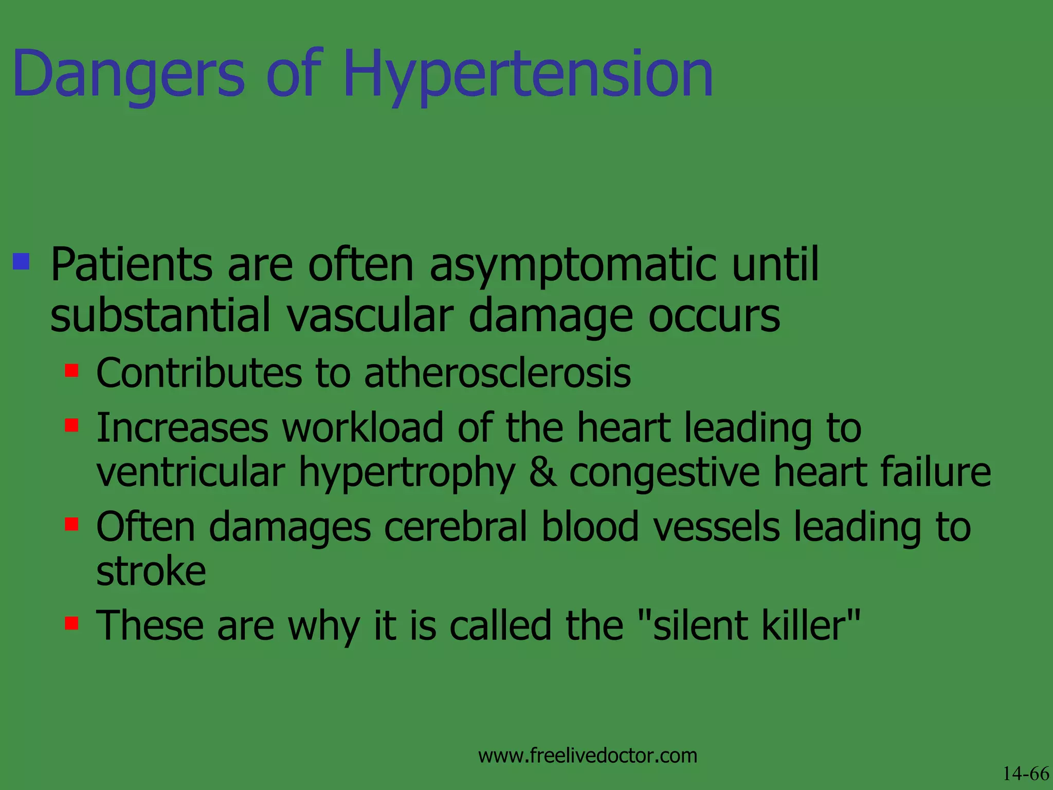 Dangers of Hypertension Patients are often asymptomatic until substantial vascular damage occurs  Contributes to atherosclerosis Increases workload of the heart leading to ventricular hypertrophy & congestive heart failure Often damages cerebral blood vessels leading to stroke These are why it is called the &quot;silent killer&quot; 14-66 www.freelivedoctor.com 