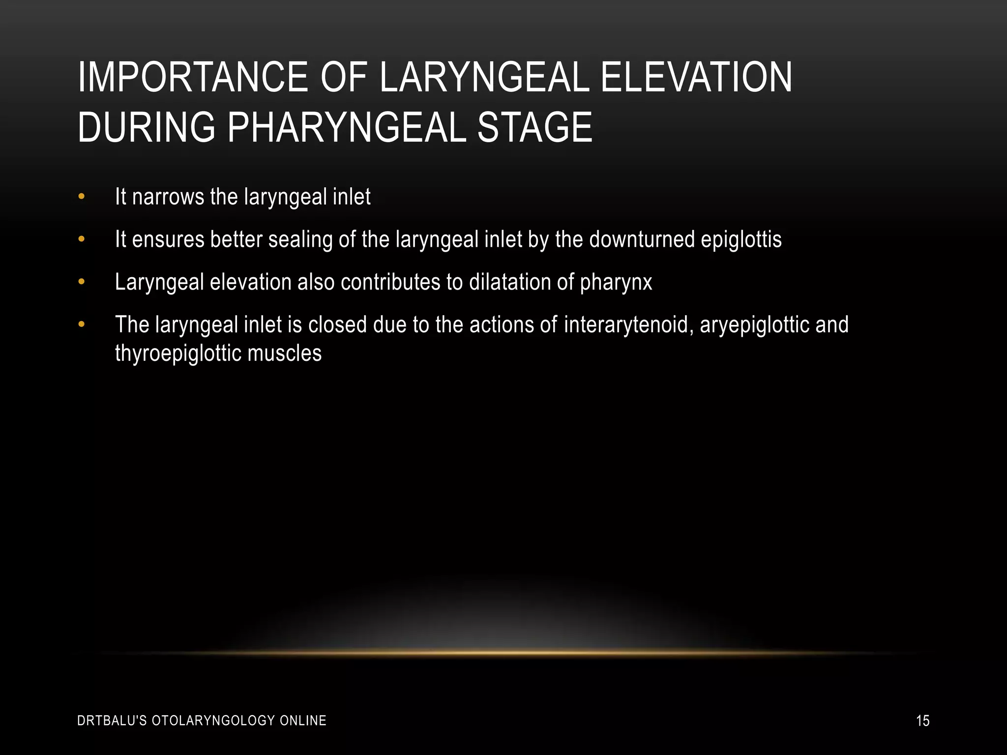 Importance of laryngeal elevation during pharyngeal stageIt narrows the laryngeal inletIt ensures better sealing of the laryngeal inlet by the downturned epiglottisLaryngeal elevation also contributes to dilatation of pharynxThe laryngeal inlet is closed due to the actions of interarytenoid, aryepiglottic and thyroepiglottic musclesdrtbalu's otolaryngology online15
