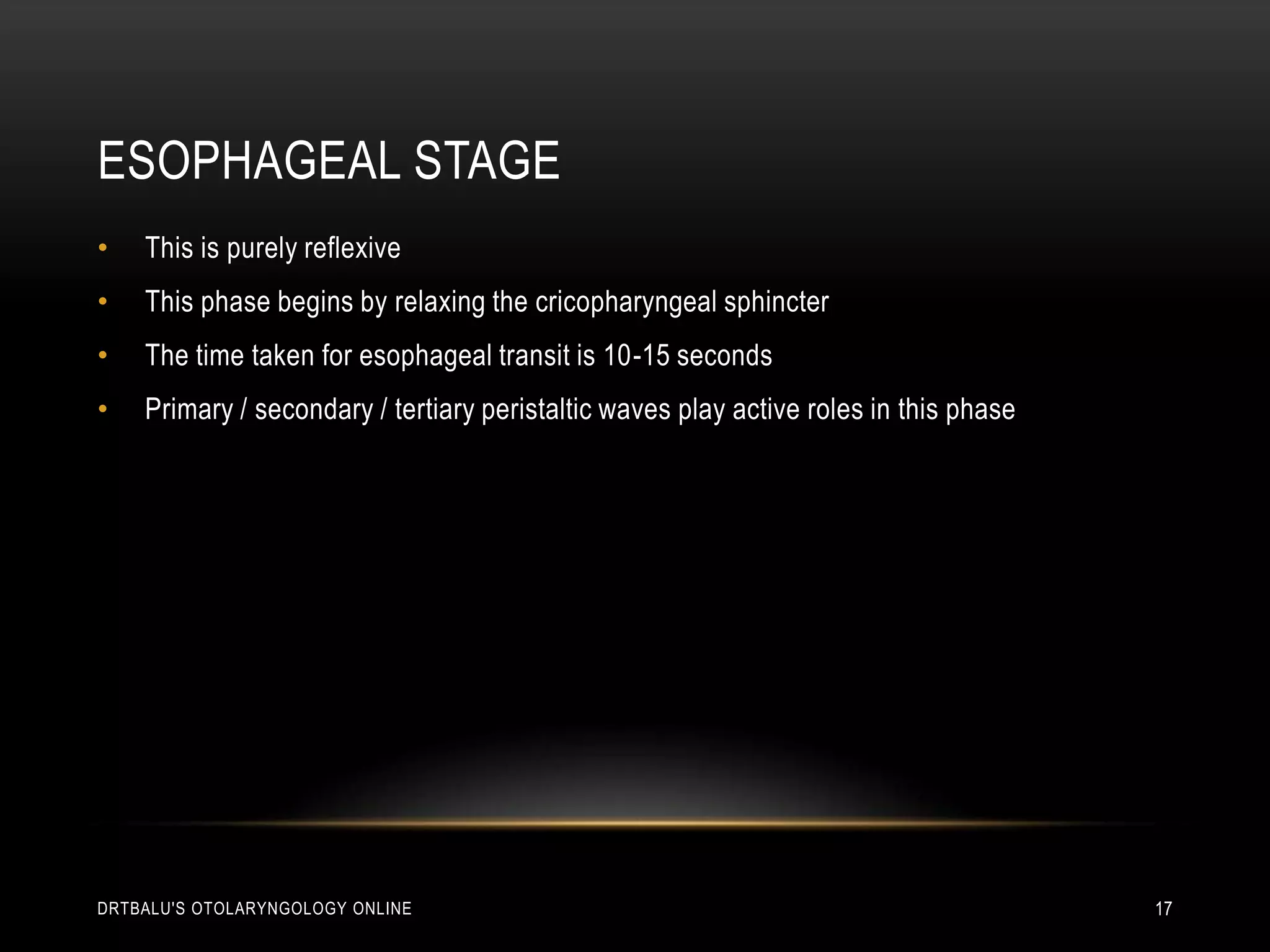 Esophageal stageThis is purely reflexiveThis phase begins by relaxing the cricopharyngeal sphincterThe time taken for esophageal transit is 10-15 secondsPrimary / secondary / tertiary peristaltic waves play active roles in this phasedrtbalu's otolaryngology online17