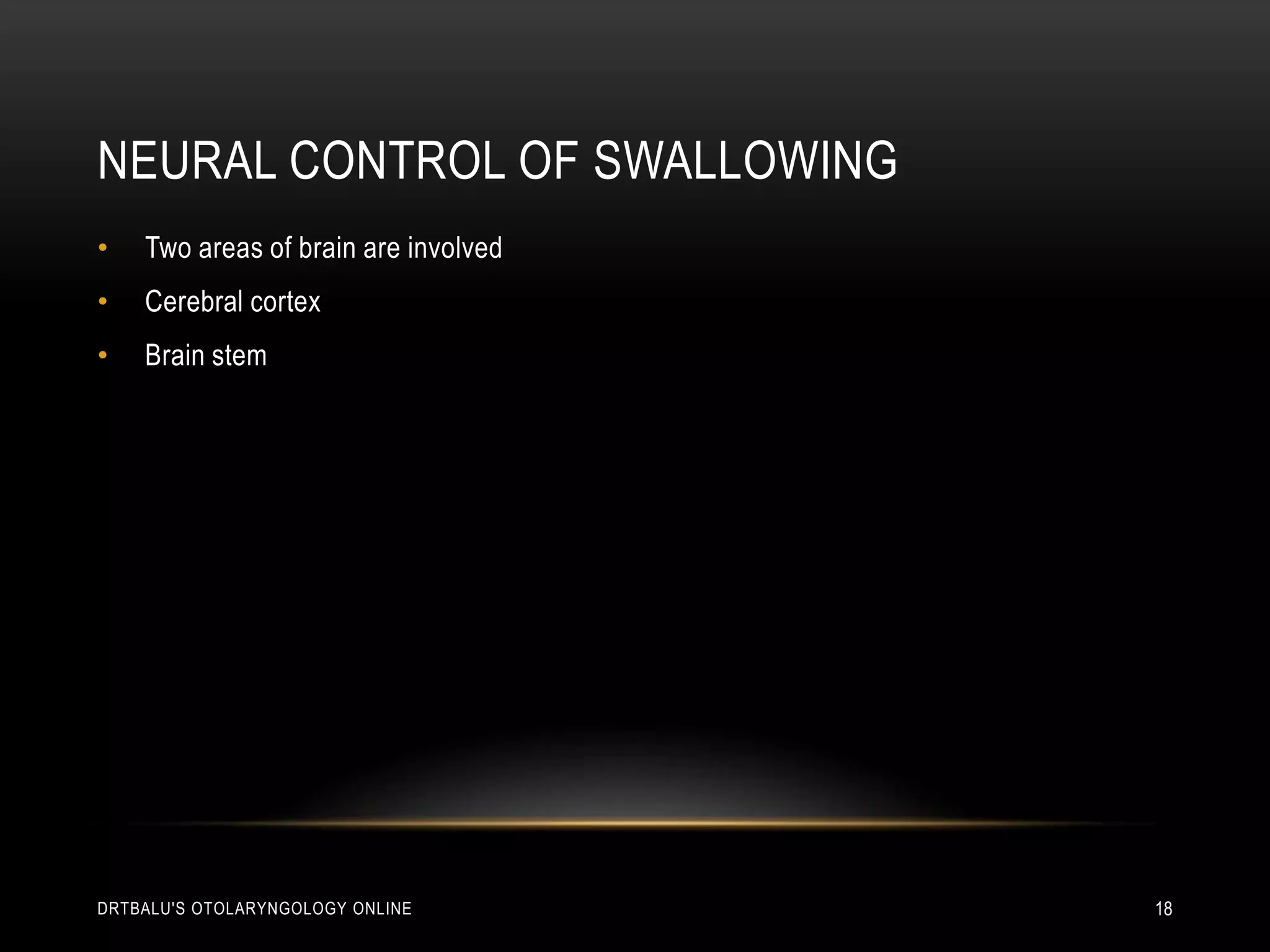 Neural control of swallowingTwo areas of brain are involvedCerebral cortexBrain stemdrtbalu's otolaryngology online18