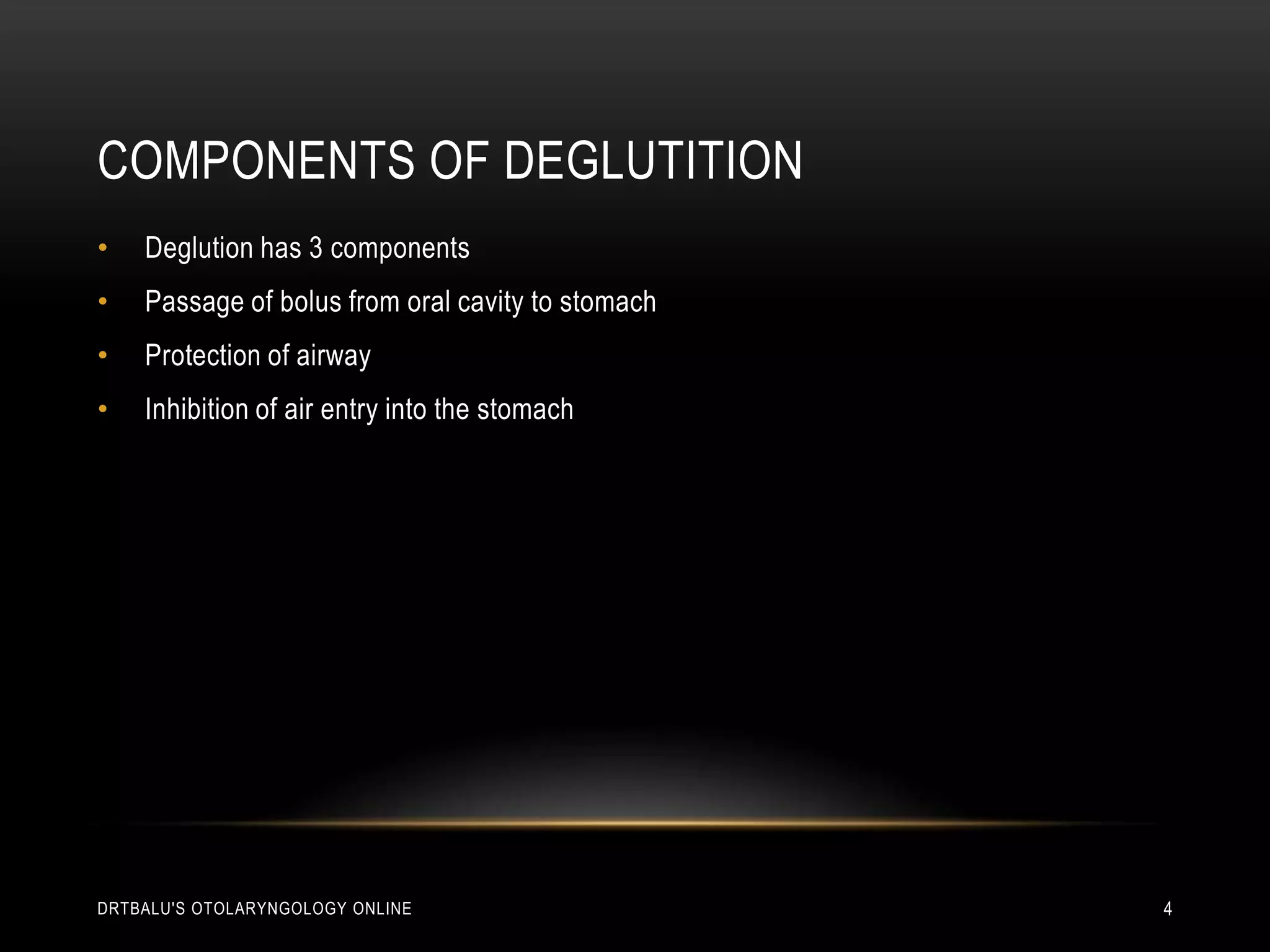 Components of deglutitionDeglution has 3 componentsPassage of bolus from oral cavity to stomachProtection of airwayInhibition of air entry into the stomachdrtbalu's otolaryngology online4