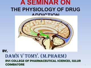 A SEMINAR ON
      THE PHYSIOLOGY OF DRUG
             ADDICTION




BY,
 DAWN V TOMY. (M.PHARM)
 RVS COLLEGE OF PHARMACEUTICAL SCIENCES, SULUR
 COIMBATORE                                      1
 