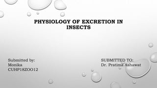 PHYSIOLOGY OF EXCRETION IN
INSECTS
Submitted by:
Monika
CUHP18ZOO12
SUBMITTED TO:
Dr. Pratima Ashawat
 