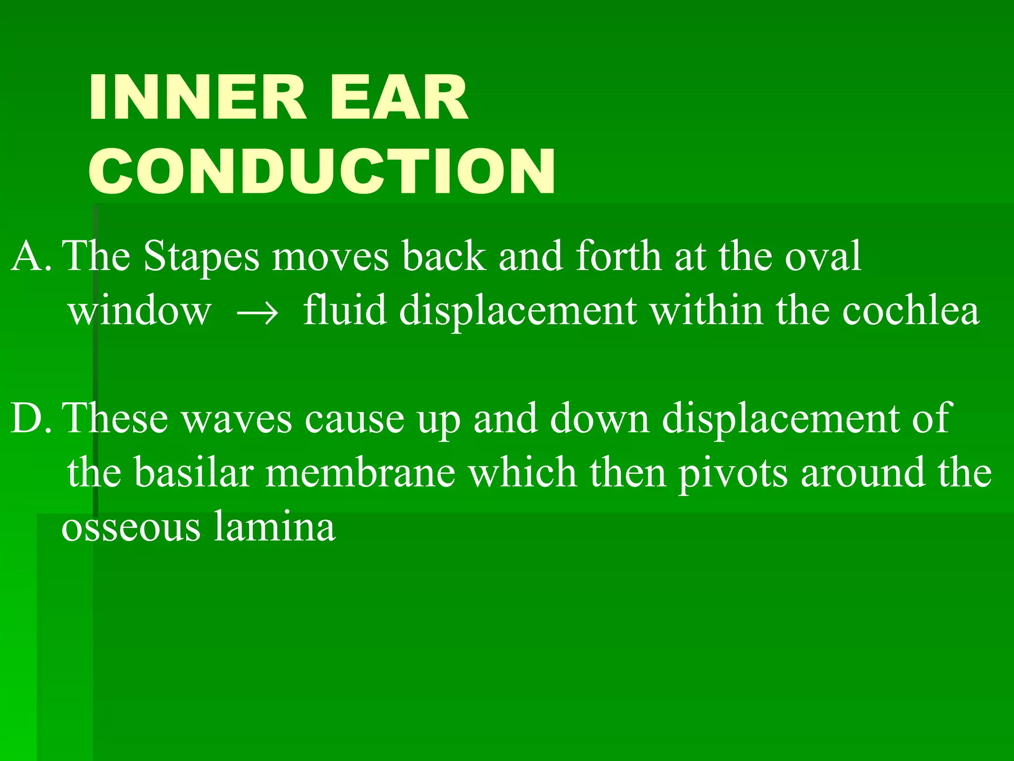 INNER EAR CONDUCTION The Stapes moves back and forth at the oval  window     fluid displacement within the cochlea These waves cause up and down displacement of  the basilar membrane which then pivots around the osseous lamina 
