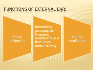 FUNCTIONS OF EXTERNAL EAR:
Sound
collection
Increasing
pressure on
tympanic
membrane in a
frequency
sensitive way
Sound
localisation
 