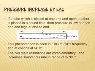 PRESSURE INCREASE BY EAC
 If a tube which is closed at one end and open at other
is placed in a sound field then pressure is low at open
end and high at closed end.
 This phenomenon is seen in EAC at 3kHz frequency ,
and at concha at 5kHz
 The two main resonance are complementary , and
increases sound pressure in range of 2-7kHz.
 