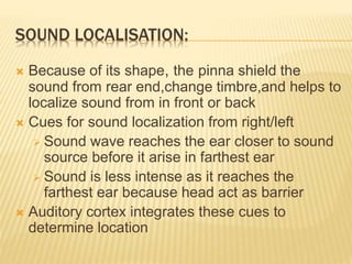 SOUND LOCALISATION:
 Because of its shape, the pinna shield the
sound from rear end,change timbre,and helps to
localize sound from in front or back
 Cues for sound localization from right/left
 Sound wave reaches the ear closer to sound
source before it arise in farthest ear
 Sound is less intense as it reaches the
farthest ear because head act as barrier
 Auditory cortex integrates these cues to
determine location
 