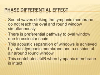 PHASE DIFFERENTIAL EFFECT
 Sound waves striking the tympanic membrane
do not reach the oval and round window
simultaneously.
 There is preferential pathway to oval window
due to ossicular chain.
 This acoustic separation of windows is achieved
by intact tympanic membrane and a cushion of
air around round window
 This contributes 4dB when tympanic membrane
is intact
 