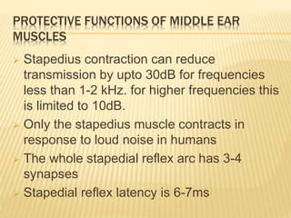 PROTECTIVE FUNCTIONS OF MIDDLE EAR
MUSCLES
 Stapedius contraction can reduce
transmission by upto 30dB for frequencies
less than 1-2 kHz. for higher frequencies this
is limited to 10dB.
 Only the stapedius muscle contracts in
response to loud noise in humans
 The whole stapedial reflex arc has 3-4
synapses
 Stapedial reflex latency is 6-7ms
 