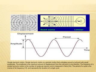 Simple harmonic motion. Simple harmonic motion is a periodic motion that undulates around a null point with equal
amplitudes. The amplitude is the maximum amount of displacement from the null point in one direction. The frequency of a
simple harmonic motion is the number of cycles per second, and is measured in Hertz (Hz). The period of a cycle is the
inverse of its frequency (1/f), and represents the duration of a single cycle
 