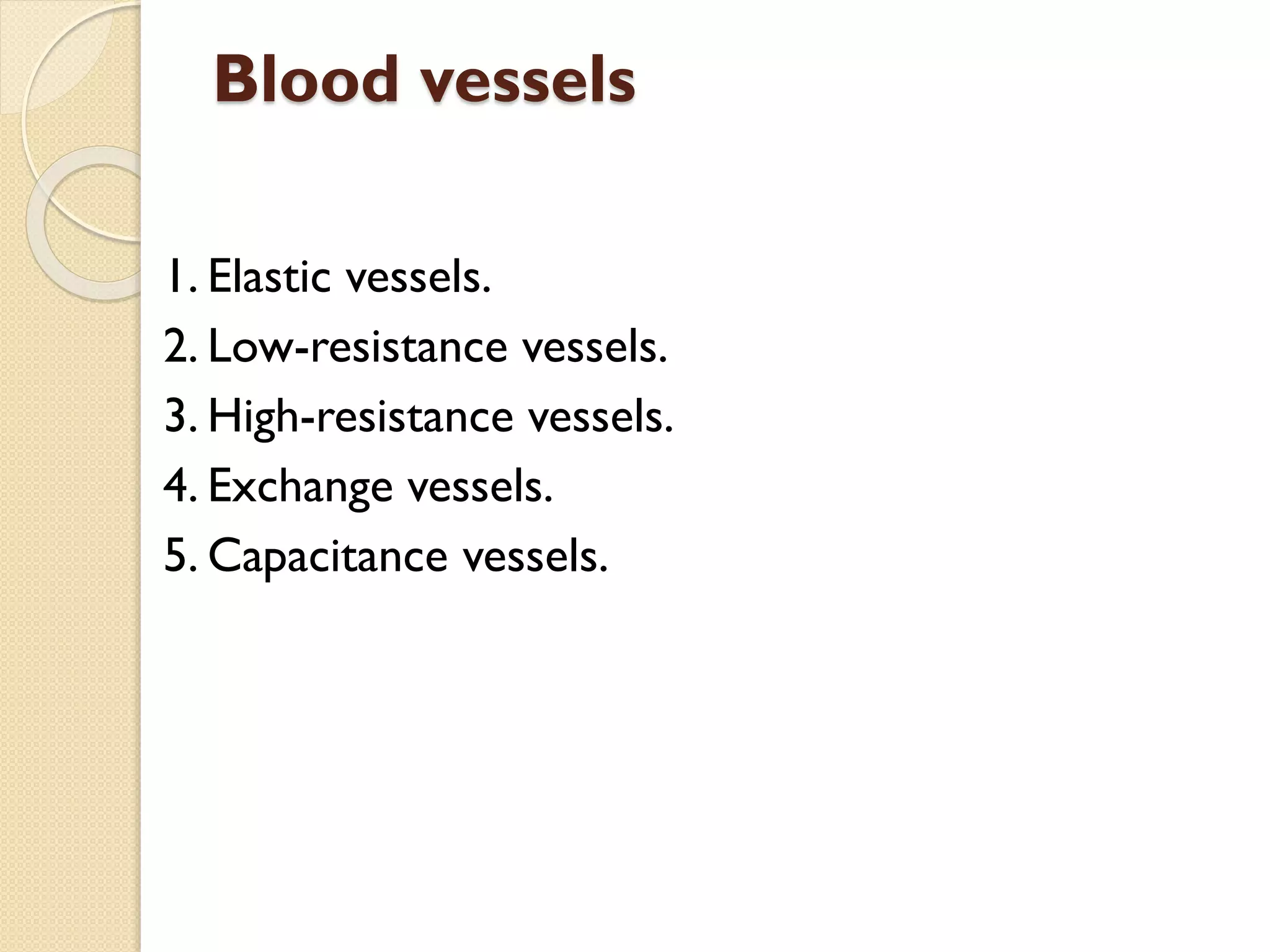 1. Elastic vessels.
2. Low-resistance vessels.
3. High-resistance vessels.
4. Exchange vessels.
5. Capacitance vessels.
Blood vessels
 