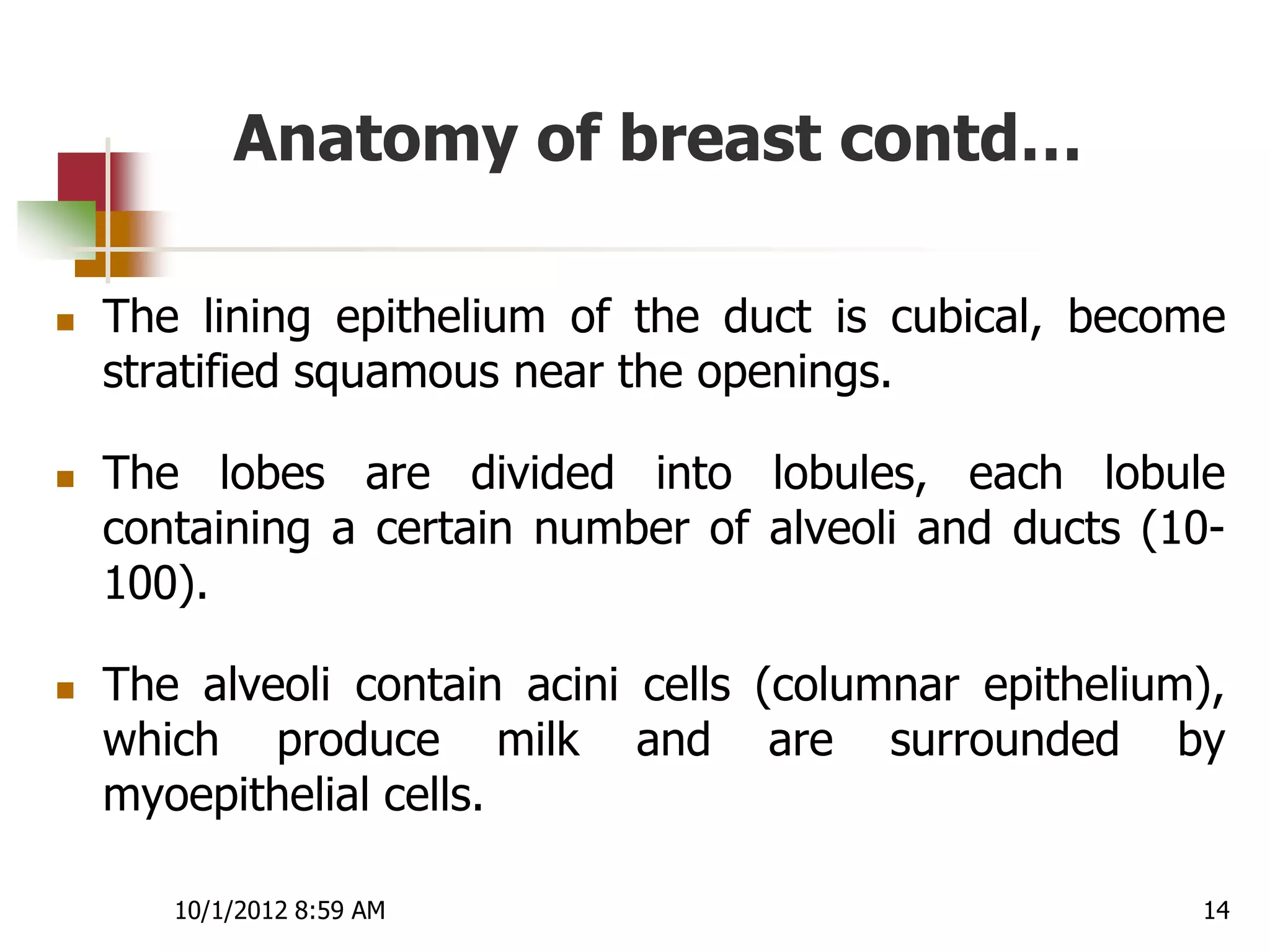 Anatomy of breast contd…

   The lining epithelium of the duct is cubical, become
    stratified squamous near the openings.

   The lobes are divided into lobules, each lobule
    containing a certain number of alveoli and ducts (10-
    100).

   The alveoli contain acini cells (columnar epithelium),
    which produce milk and are surrounded by
    myoepithelial cells.

       10/1/2012 8:59 AM                                14
 