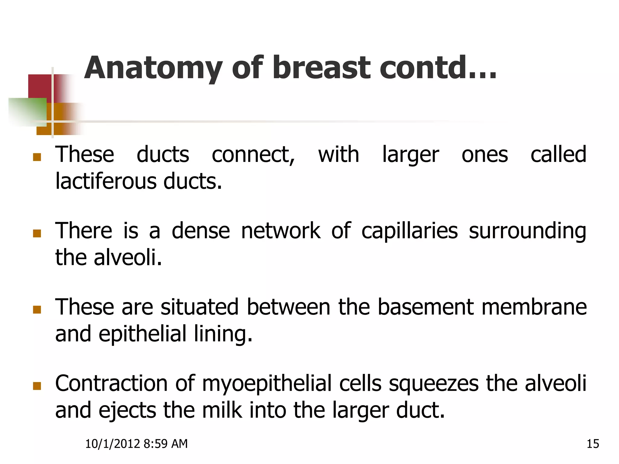Anatomy of breast contd…

   These ducts connect,       with   larger ones    called
    lactiferous ducts.

   There is a dense network of capillaries surrounding
    the alveoli.

   These are situated between the basement membrane
    and epithelial lining.

   Contraction of myoepithelial cells squeezes the alveoli
    and ejects the milk into the larger duct.
       10/1/2012 8:59 AM                                  15
 