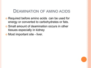 DEAMINATION OF AMINO ACIDS
 Required before amino acids can be used for
energy or converted to carbohydrates or fats.
 Small amount of deamination occurs in other
tissues especially in kidney
 Most important site - liver.
 