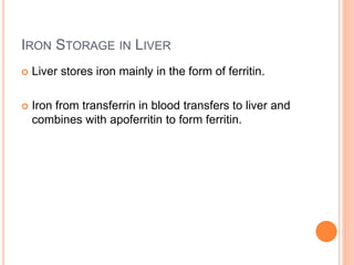 IRON STORAGE IN LIVER
 Liver stores iron mainly in the form of ferritin.
 Iron from transferrin in blood transfers to liver and
combines with apoferritin to form ferritin.
 