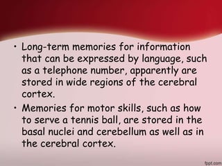 • Long-term memories for information
that can be expressed by language, such
as a telephone number, apparently are
stored in wide regions of the cerebral
cortex.
• Memories for motor skills, such as how
to serve a tennis ball, are stored in the
basal nuclei and cerebellum as well as in
the cerebral cortex.
 